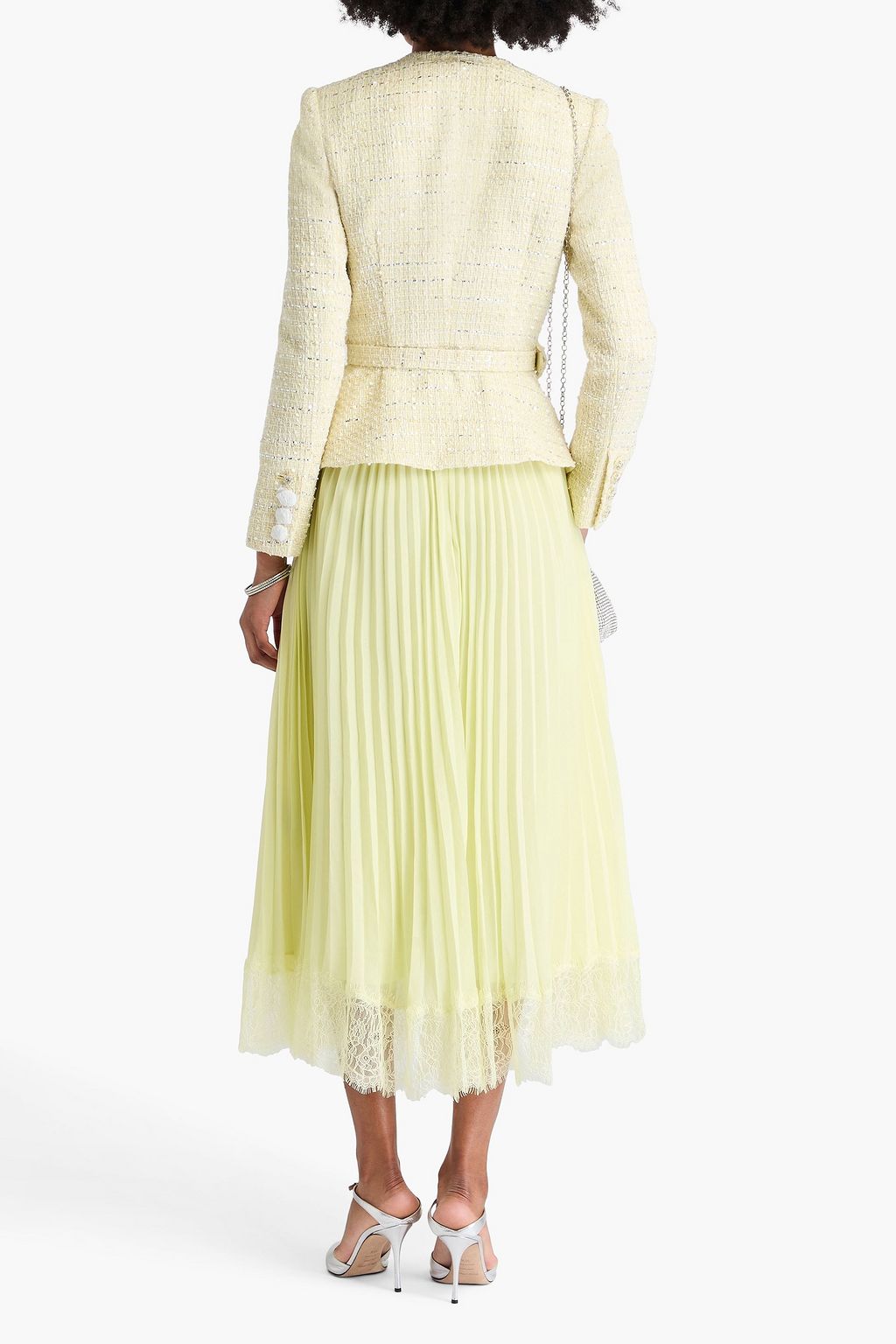 SELF-PORTRAIT Lace-trimmed pleated crepon and bouclé-tweed midi dress