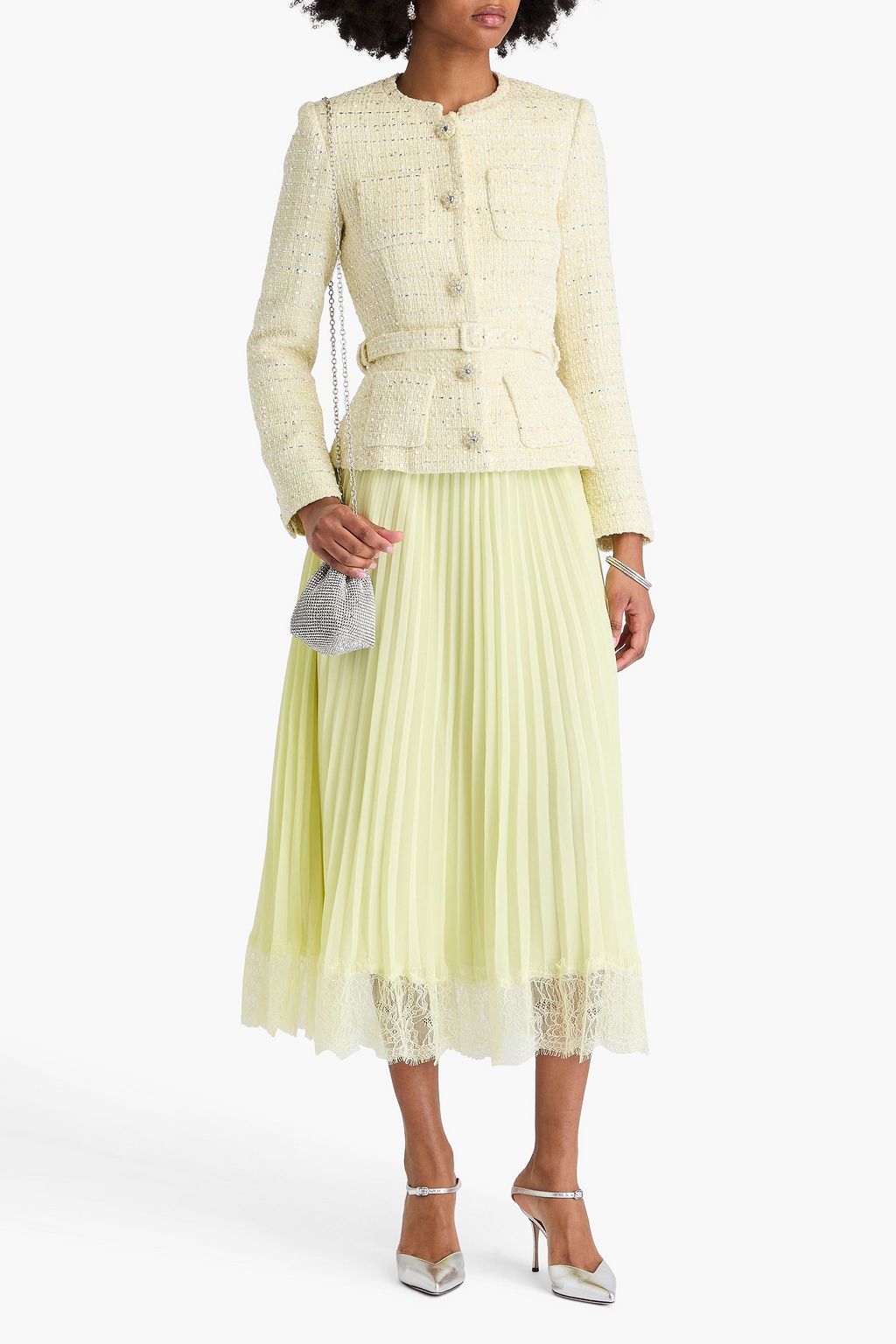 SELF-PORTRAIT Lace-trimmed pleated crepon and bouclé-tweed midi dress