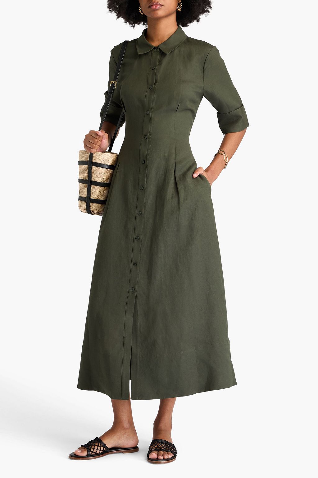 SIMKHAI Claudine pleated linen-blend midi shirt dress