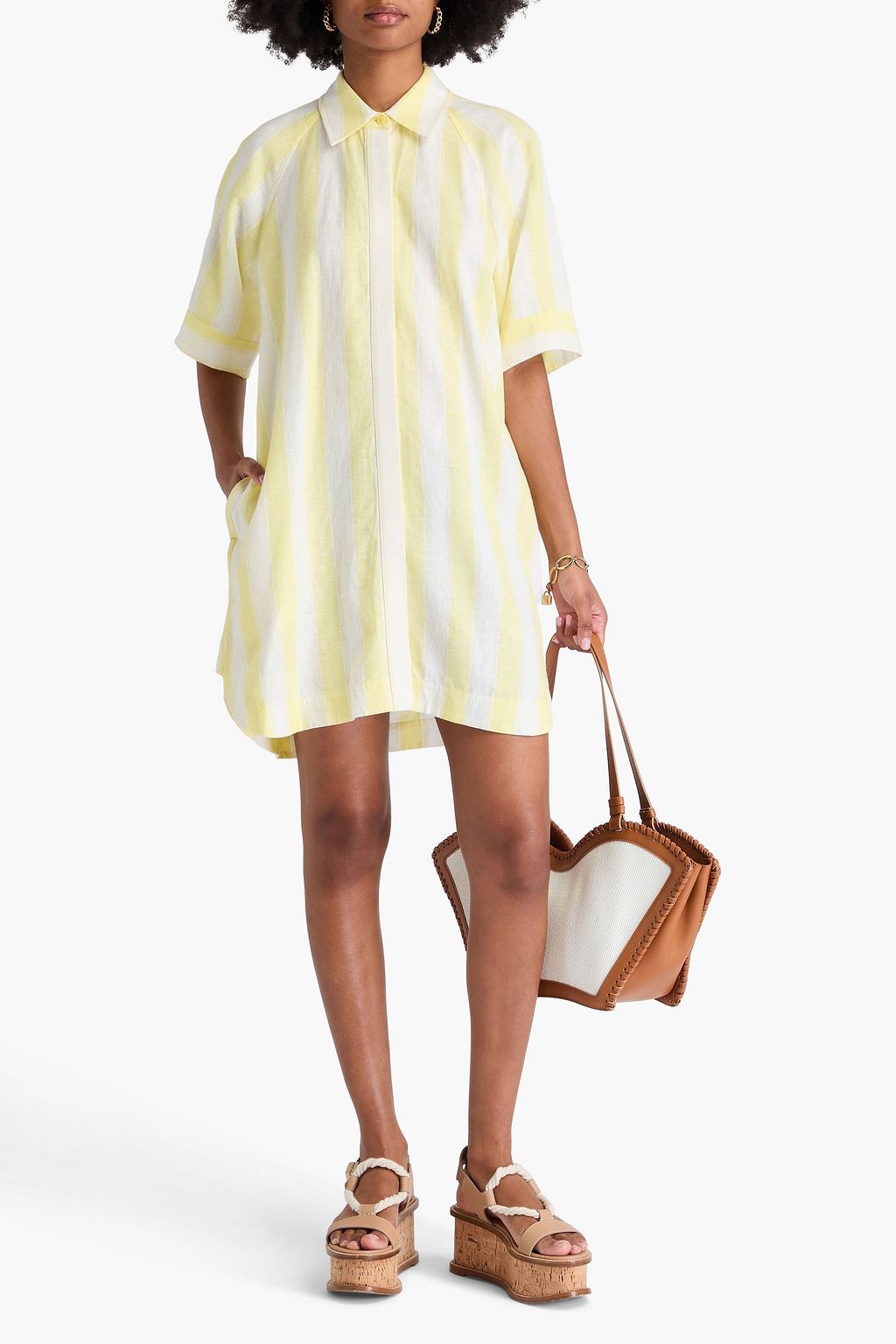 SIMKHAI Greta striped linen-blend gauze mini shirt dress