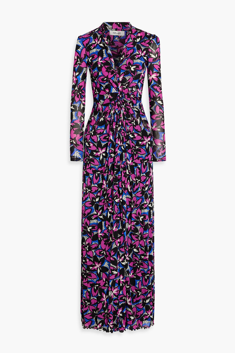 Diane Von Furstenberg Kassia Ruched Printed Stretch-mesh Maxi Dress
