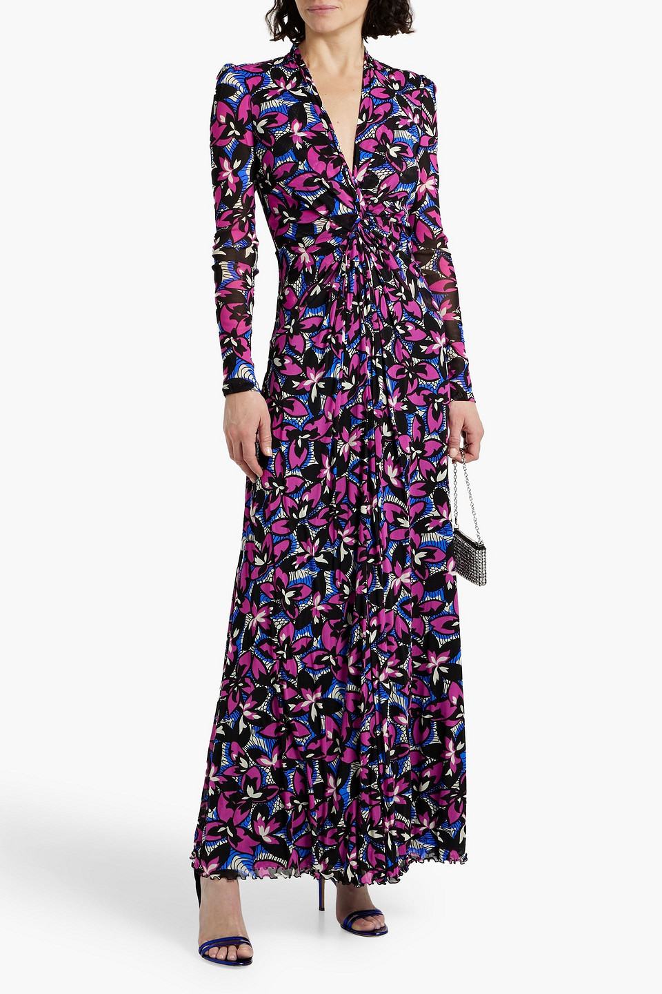 Diane Von Furstenberg Kassia Ruched Printed Stretch-mesh Maxi Dress