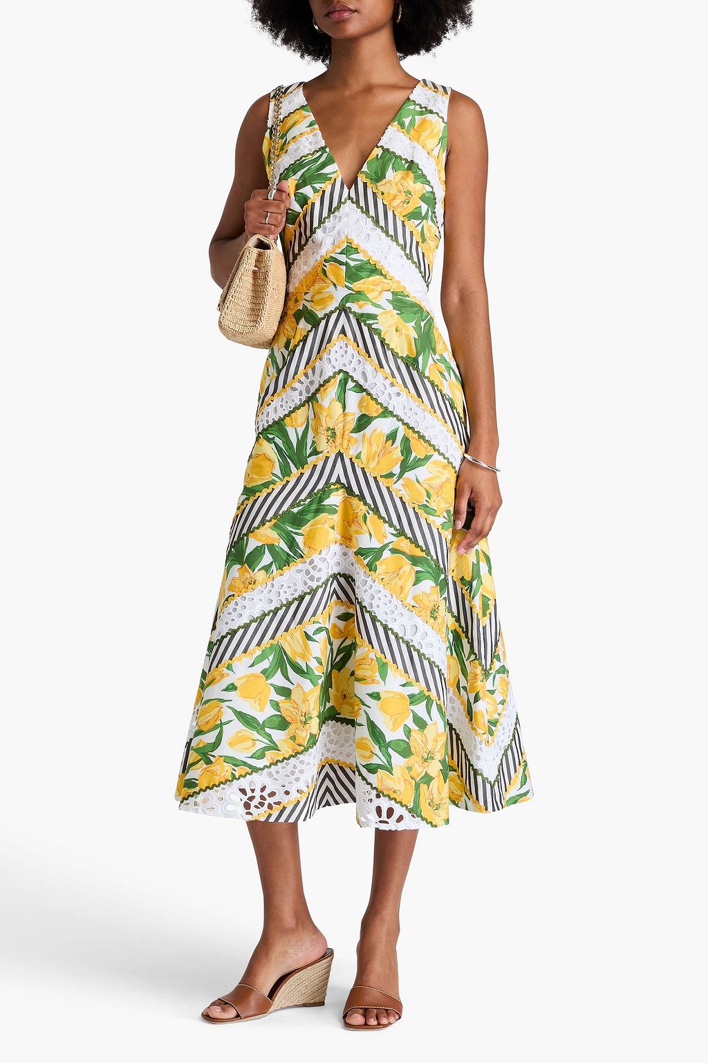 CAROLINA HERRERA Printed cotton-blend poplin and broderie anglaise midi dress