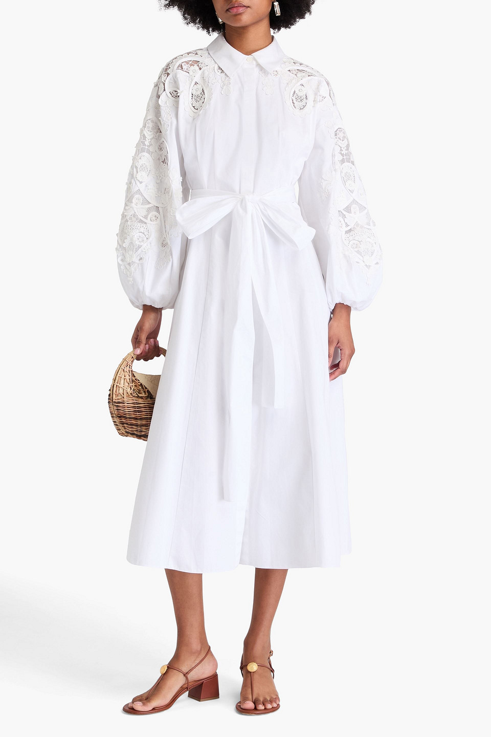 Carolina Herrera Lace-trimmed Cotton-twill Midi Shirt Dress