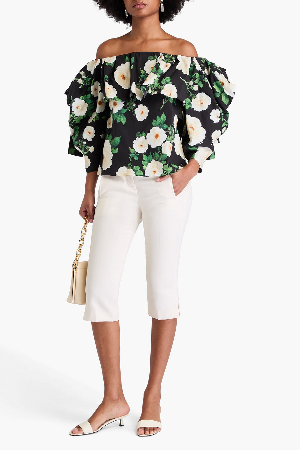 Carolina Herrera Off-the-shoulder Ruffled Floral-print Silk-voile Top