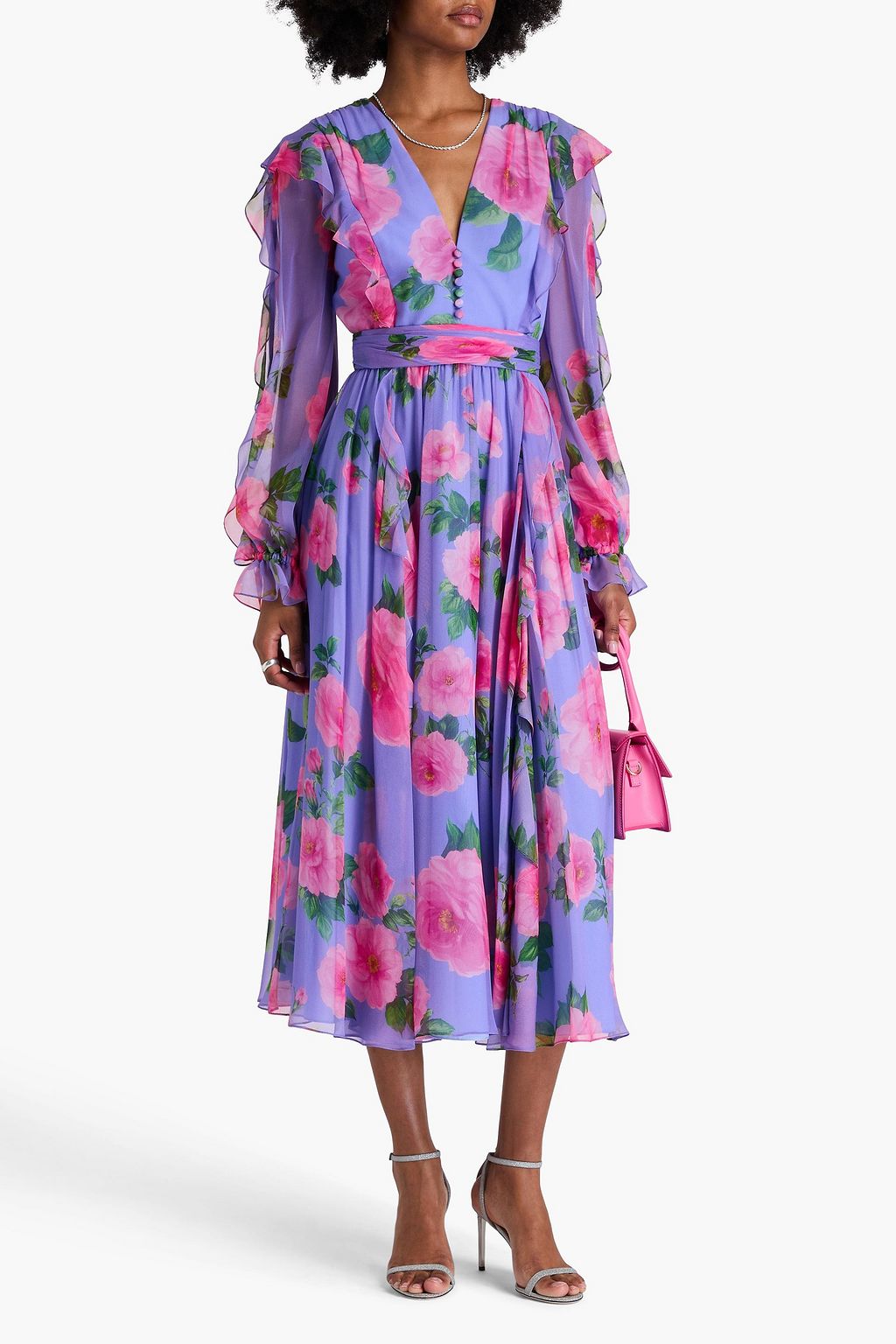 CAROLINA HERRERA Midikleid aus Seiden-Georgette mit floralem Print und Rüschen