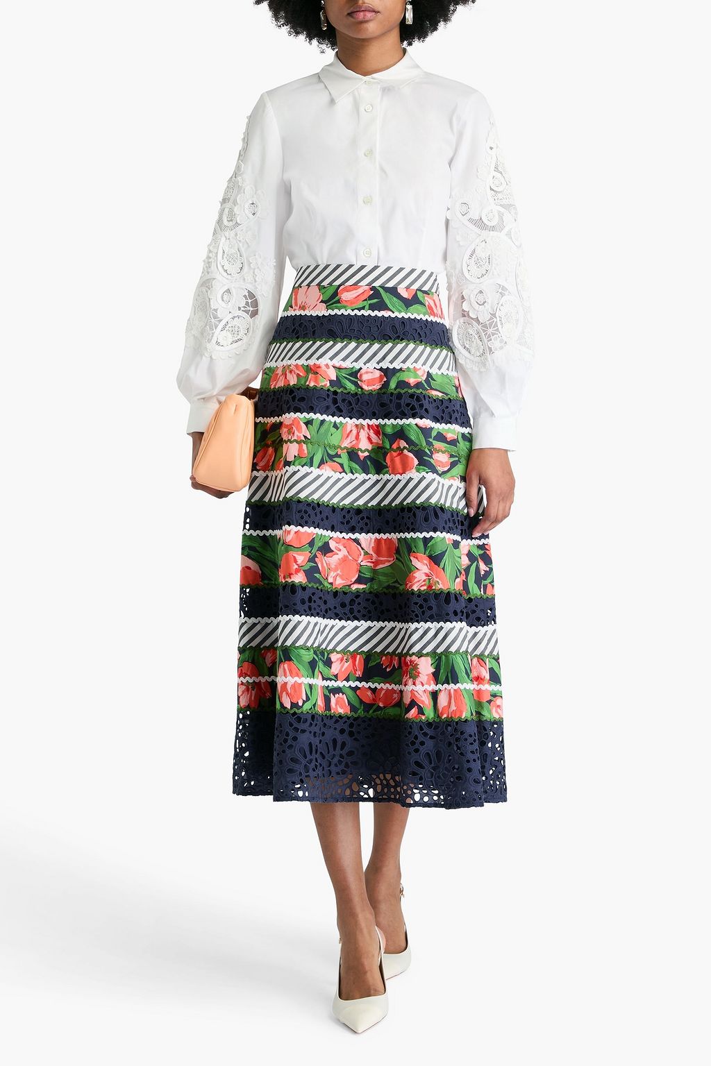 CAROLINA HERRERA Printed cotton-blend poplin midi skirt