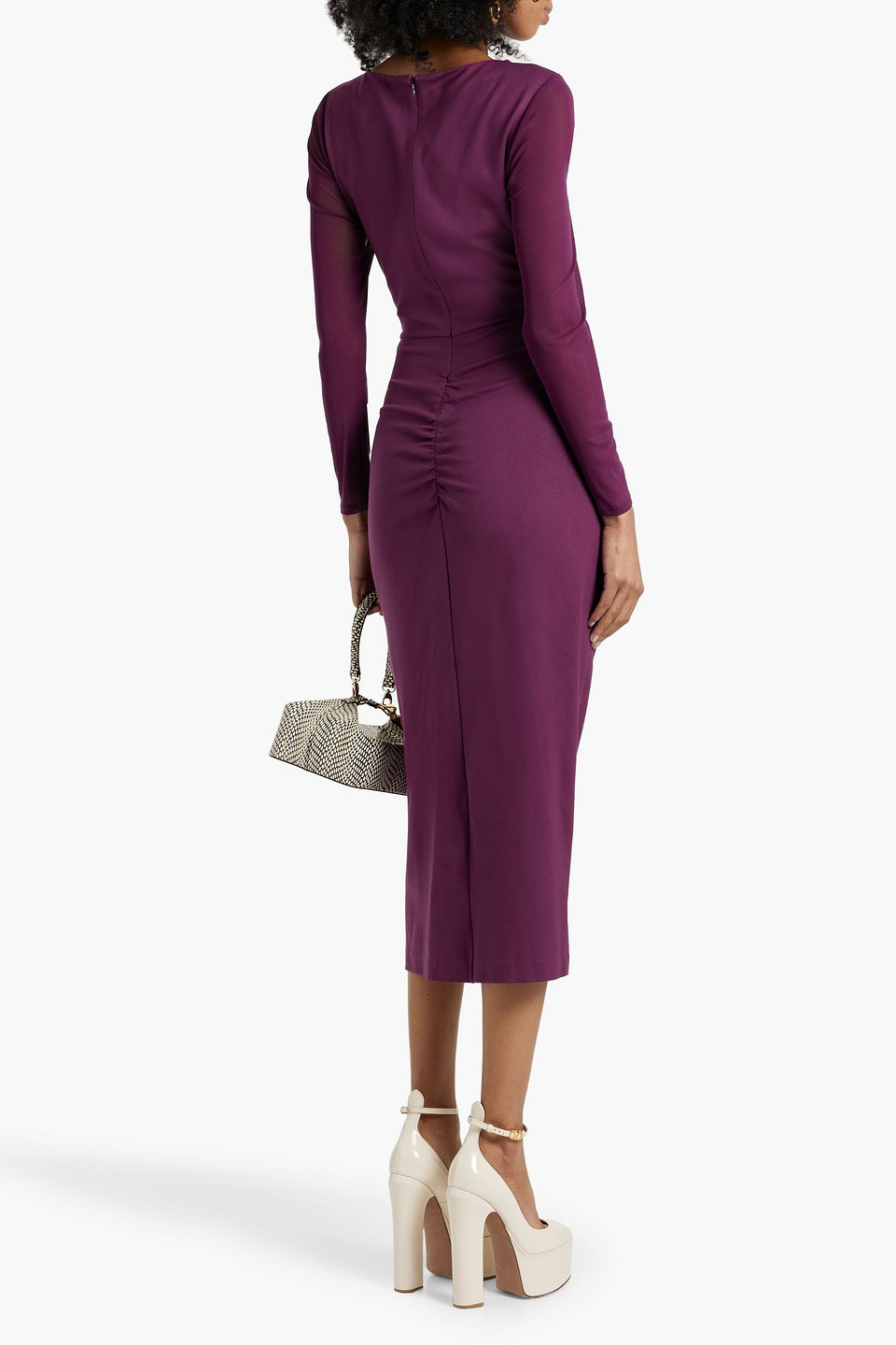 Diane Von Furstenberg Dorinda Mesh-paneled Ruched Jersey Midi Dress In Burgundy