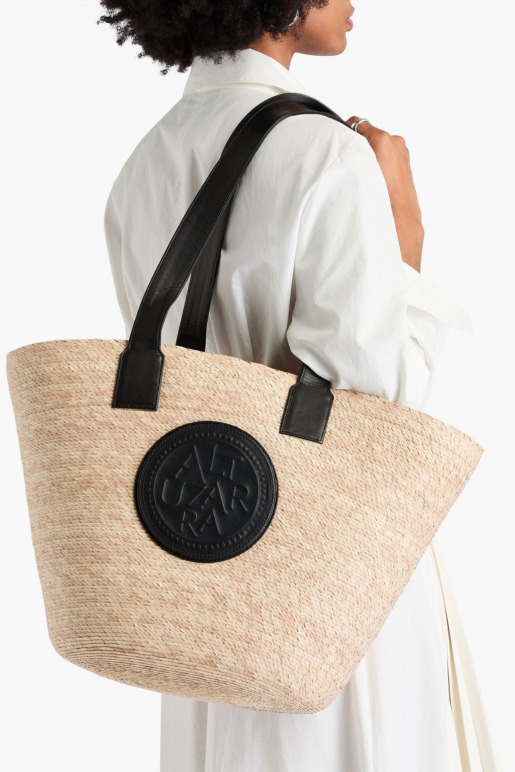 ALTUZARRA Medallion leather-trimmed raffia tote