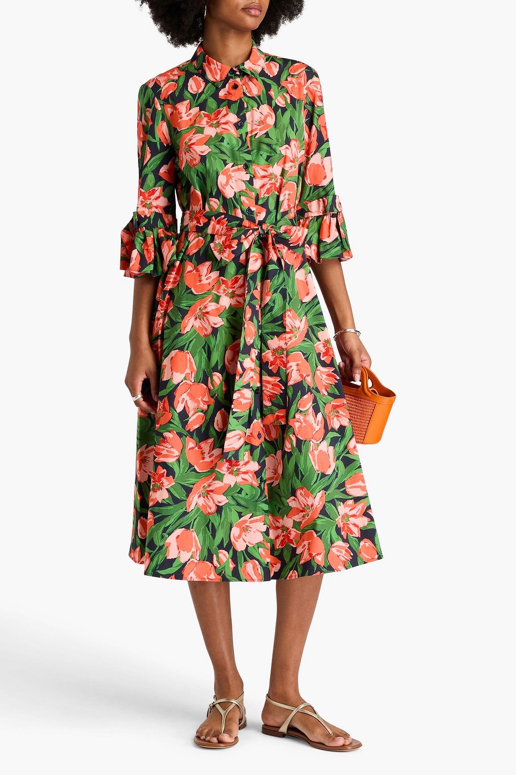CAROLINA HERRERA Floral-print cotton-blend poplin midi shirt dress