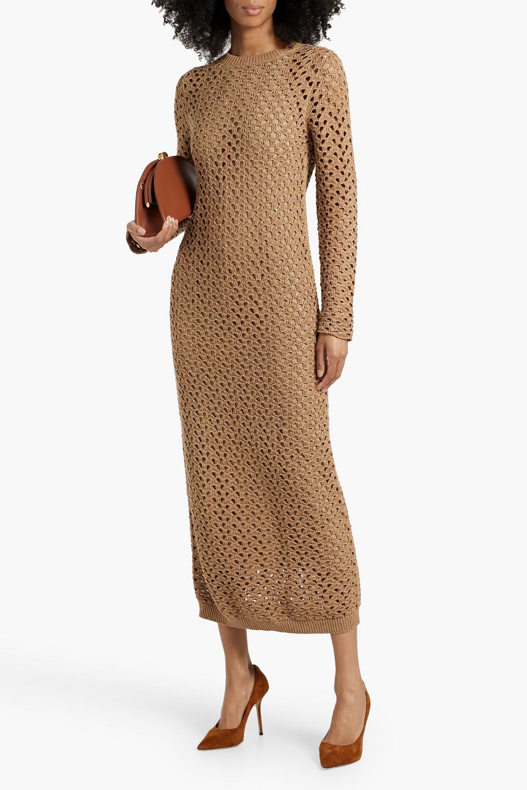 BRUNELLO CUCINELLI Open-knit cotton, linen and silk-blend midi dress