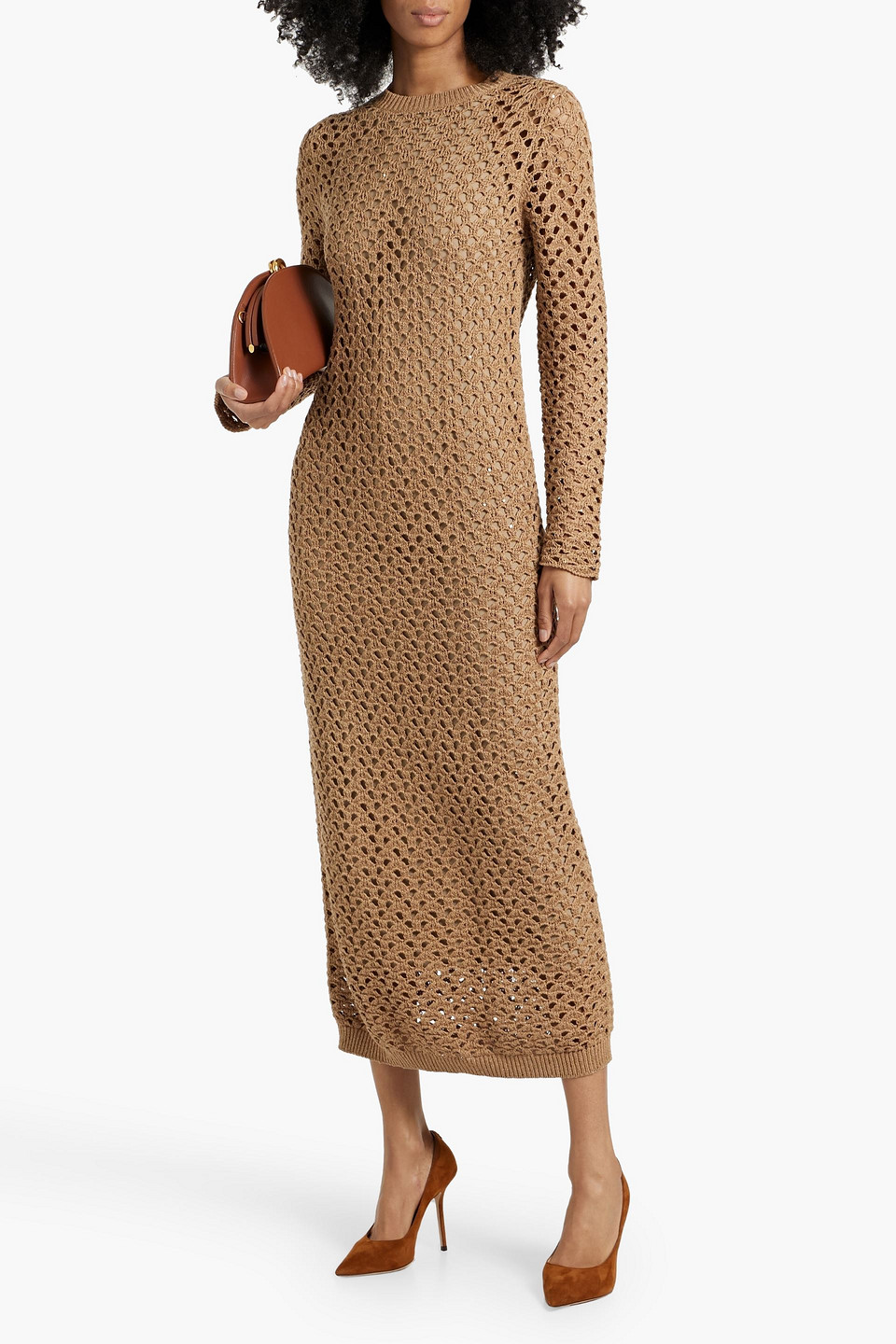 Brunello Cucinelli Open-knit Cotton, Linen And Silk-blend Midi Dress