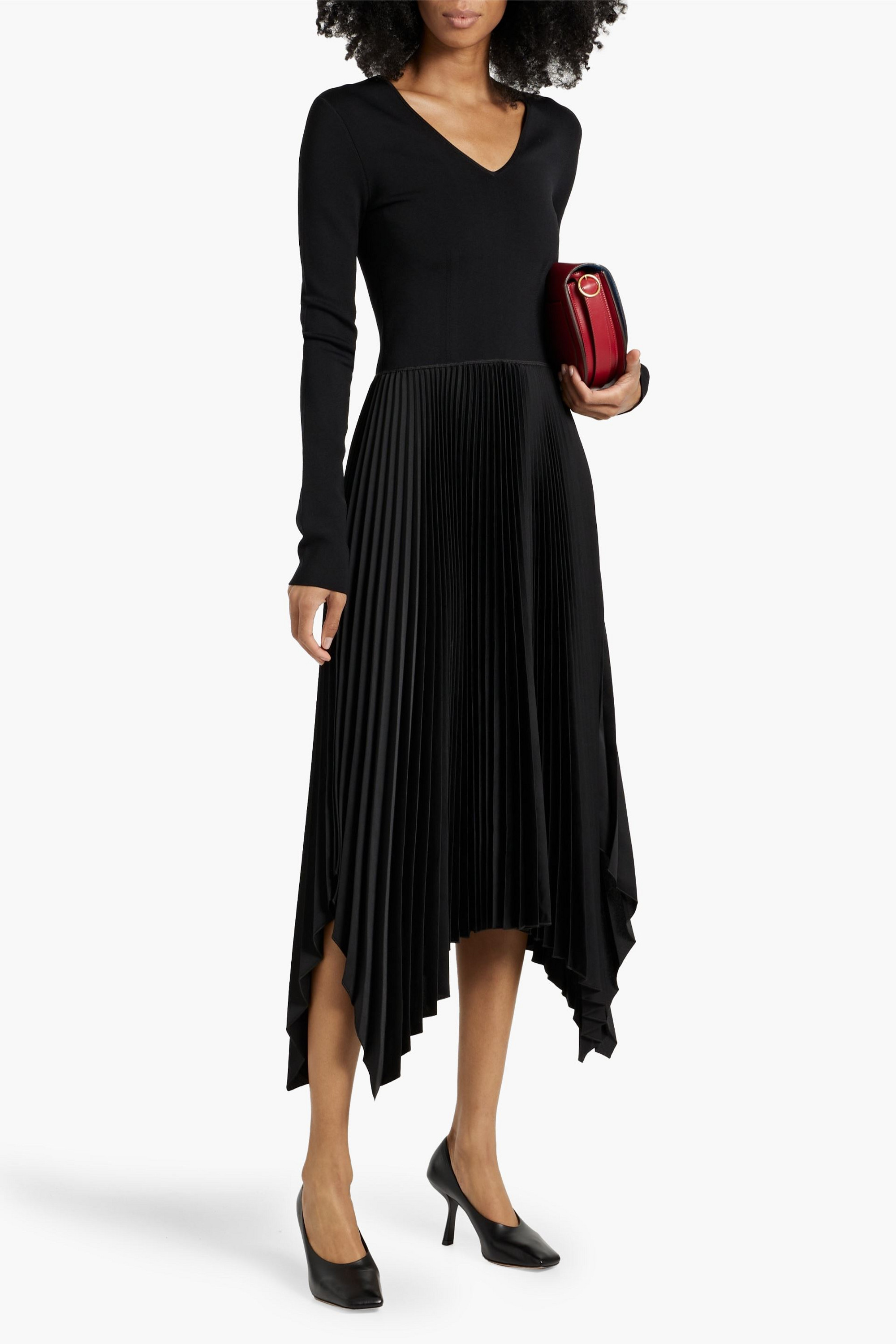 JOSEPH Dubois knit-paneled pleated satin midi dress