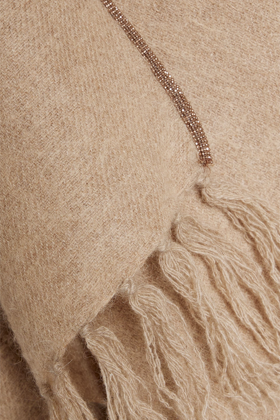 Brunello Cucinelli Bead-embellished Fringed Knitted Poncho In Brown