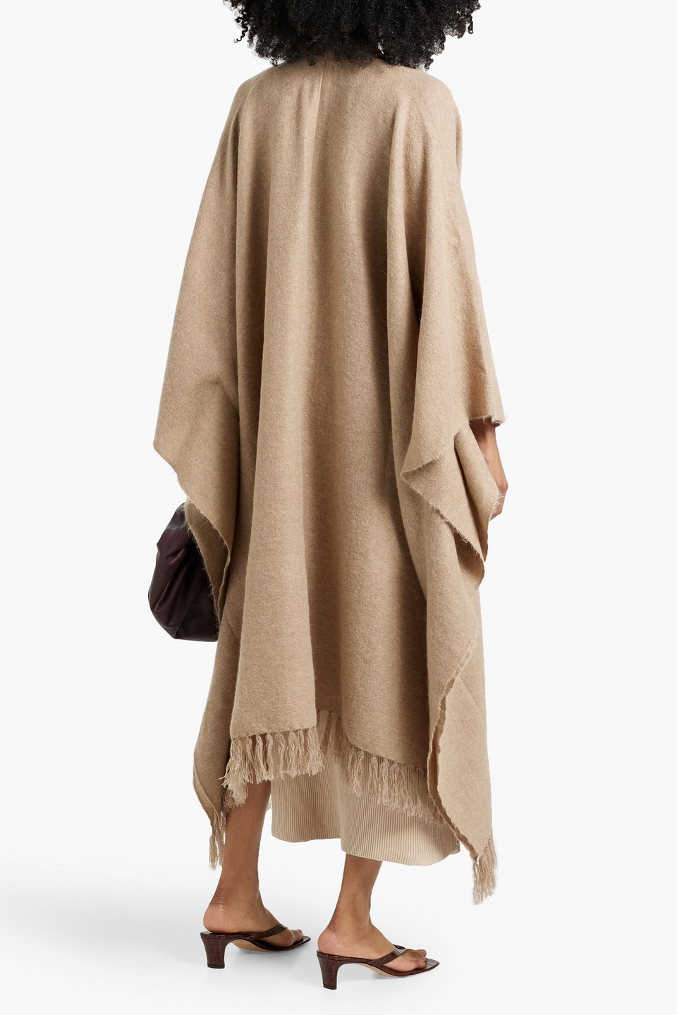 Brunello Cucinelli Bead-embellished Fringed Knitted Poncho In Brown