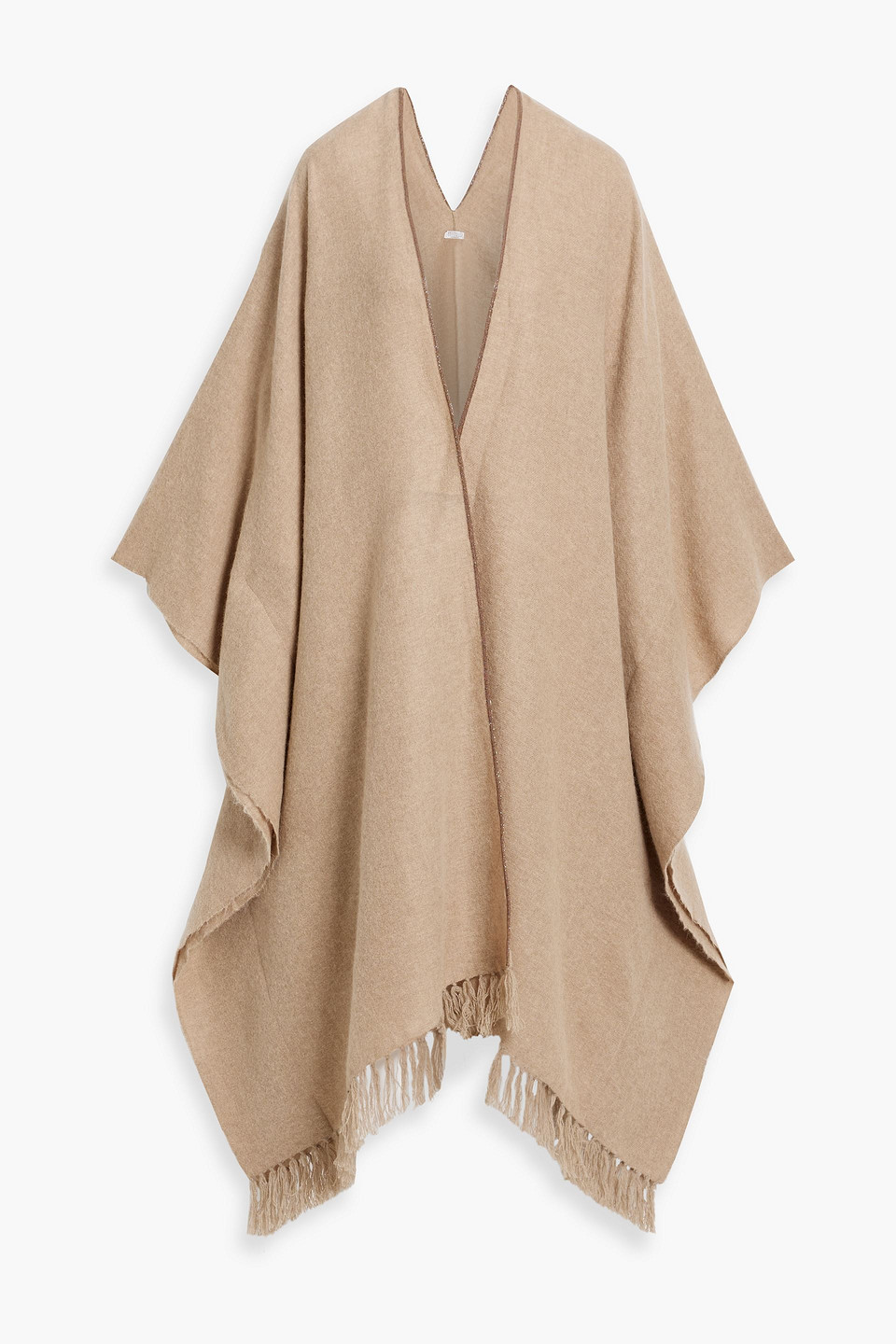 Brunello Cucinelli Bead-embellished Fringed Knitted Poncho In Brown