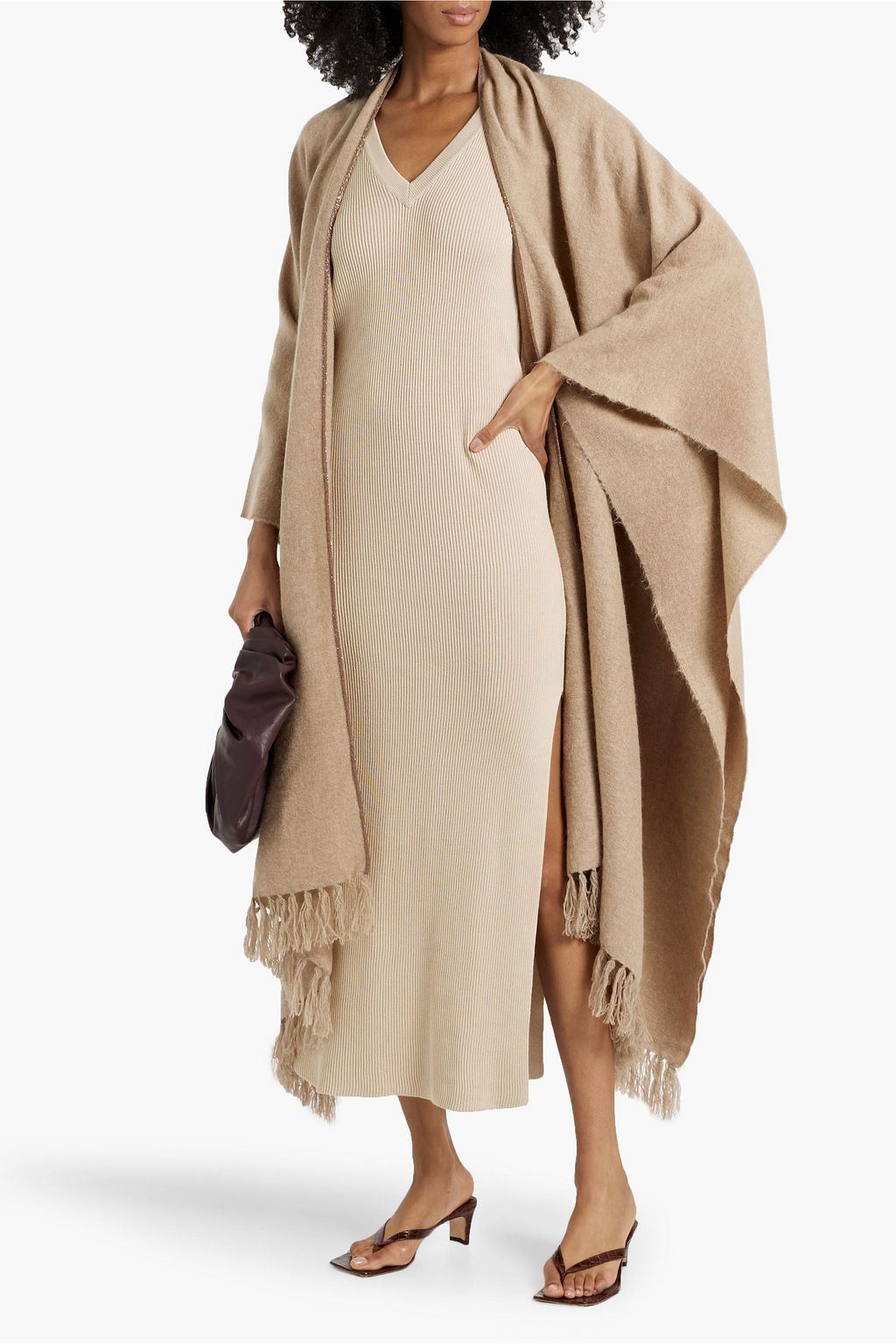 BRUNELLO CUCINELLI Bead-embellished fringed knitted poncho
