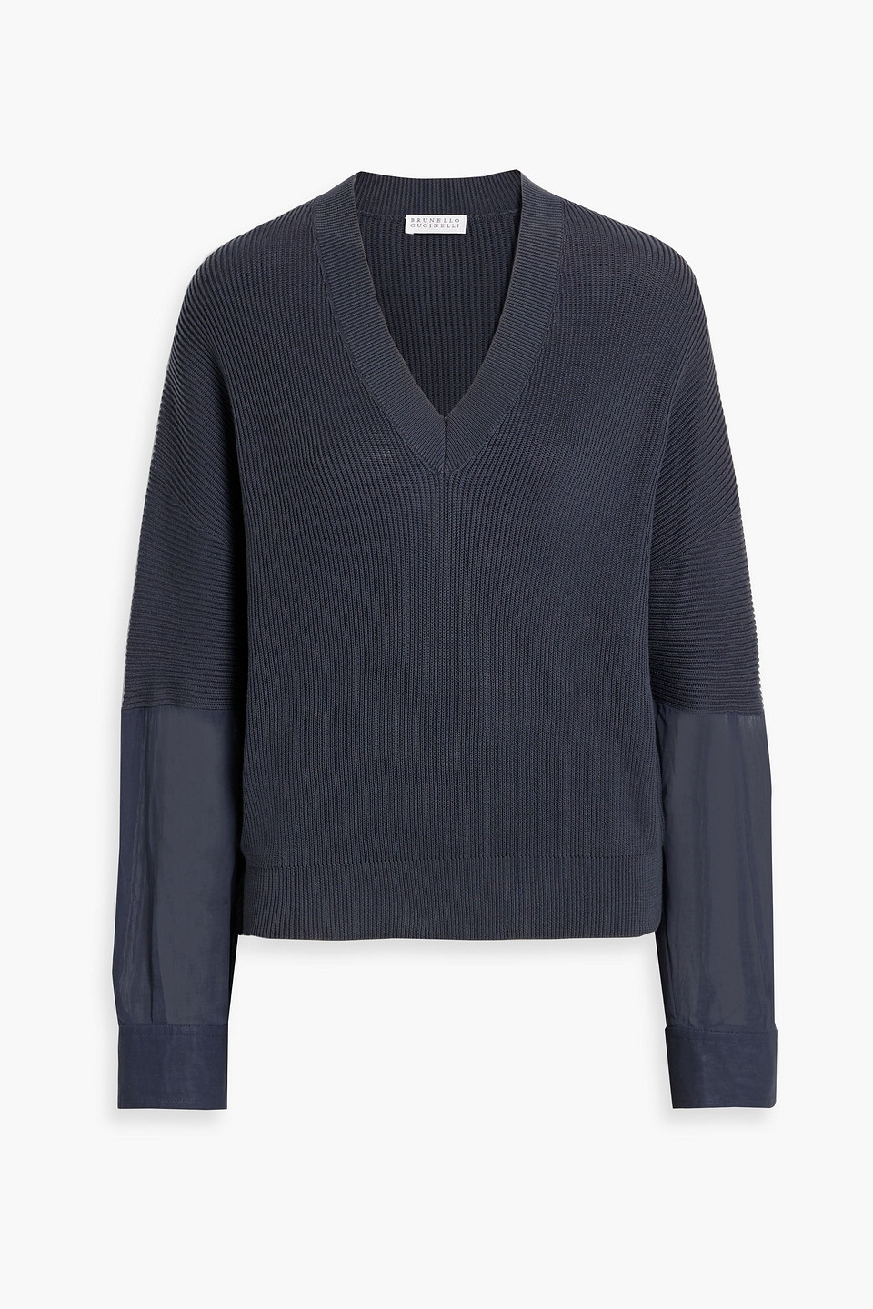 Brunello Cucinelli Voile-paneled Ribbed Cotton Sweater In Gray