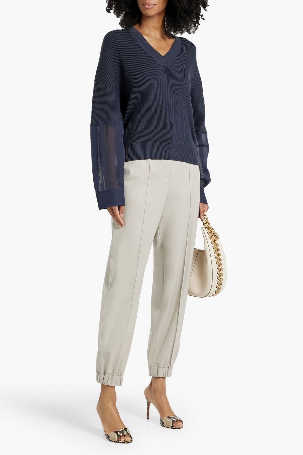 BRUNELLO CUCINELLI Voile-paneled ribbed cotton sweater