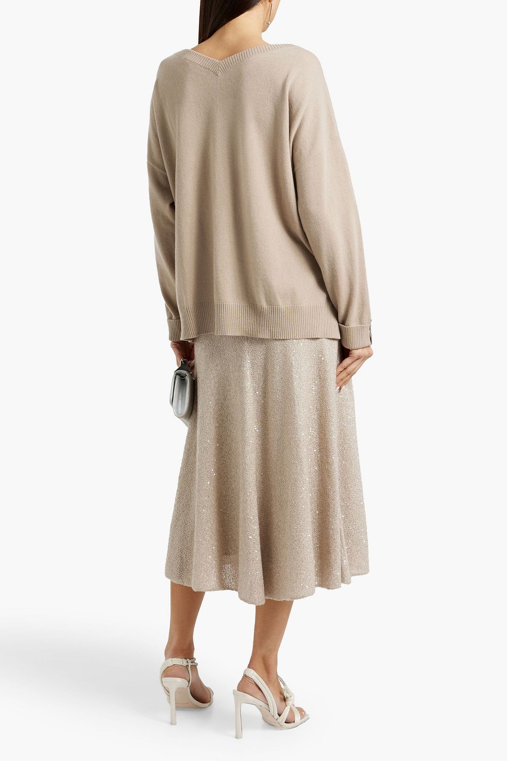 BRUNELLO CUCINELLI かぎ針編みニット リネン&カシミヤ&シルク混 ミディスカート スパンコール付き