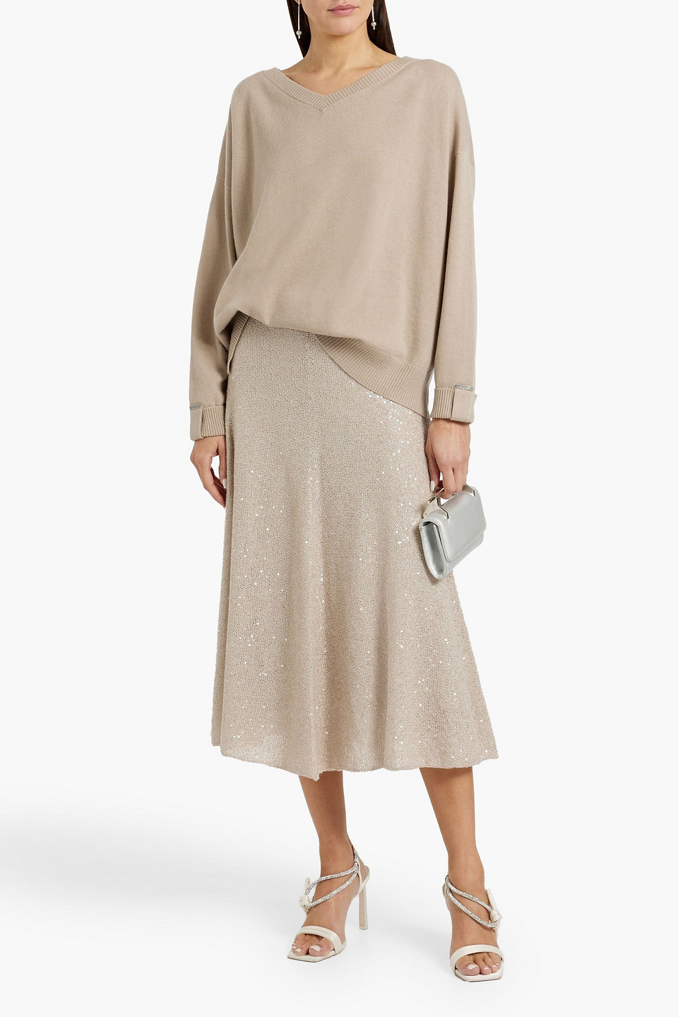 Brunello Cucinelli Sequin-embellished Crochet-knit Linen, Cashmere And Silk-blend Midi Skirt