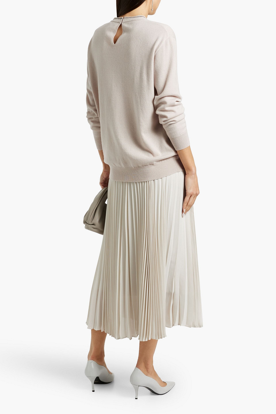 Brunello Cucinelli Bead-embellished Printed Wool, Silk And Cashmere-blend Sweater In Gray
