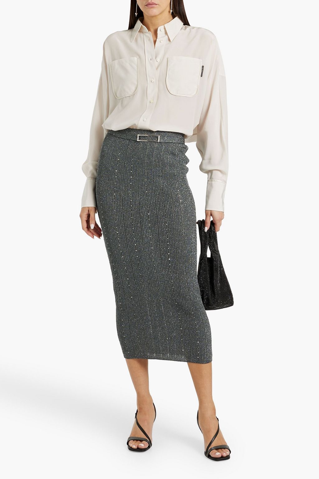 BRUNELLO CUCINELLI Bead-embellished silk crepe de chine shirt
