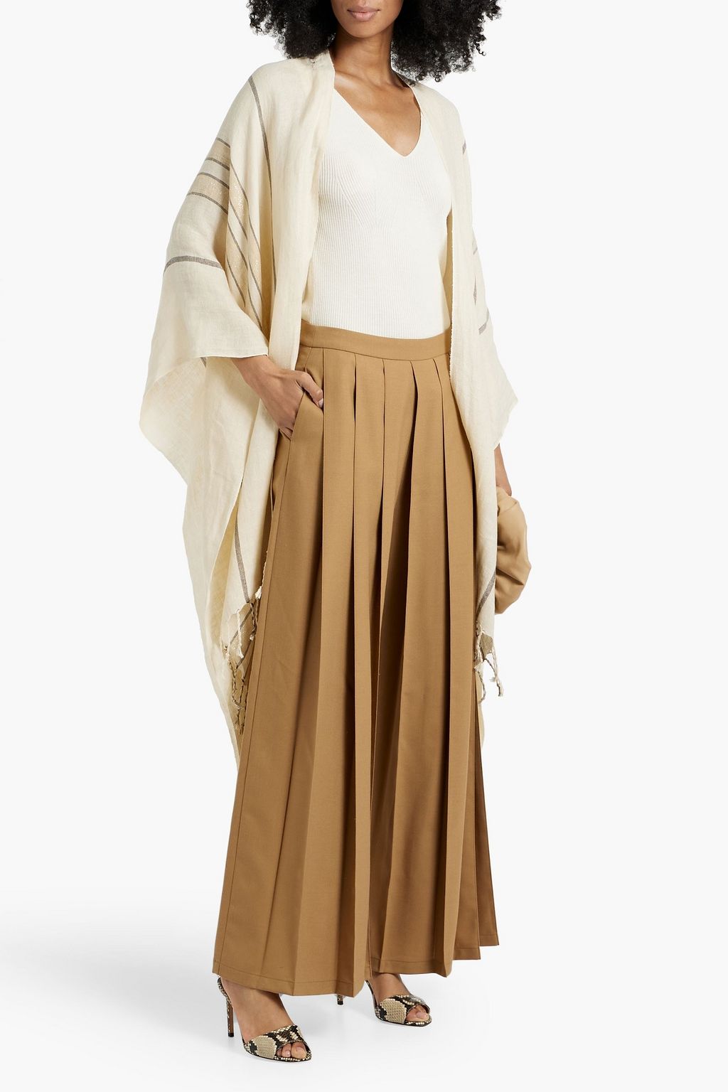 BRUNELLO CUCINELLI Fringed metallic striped linen-blend wrap
