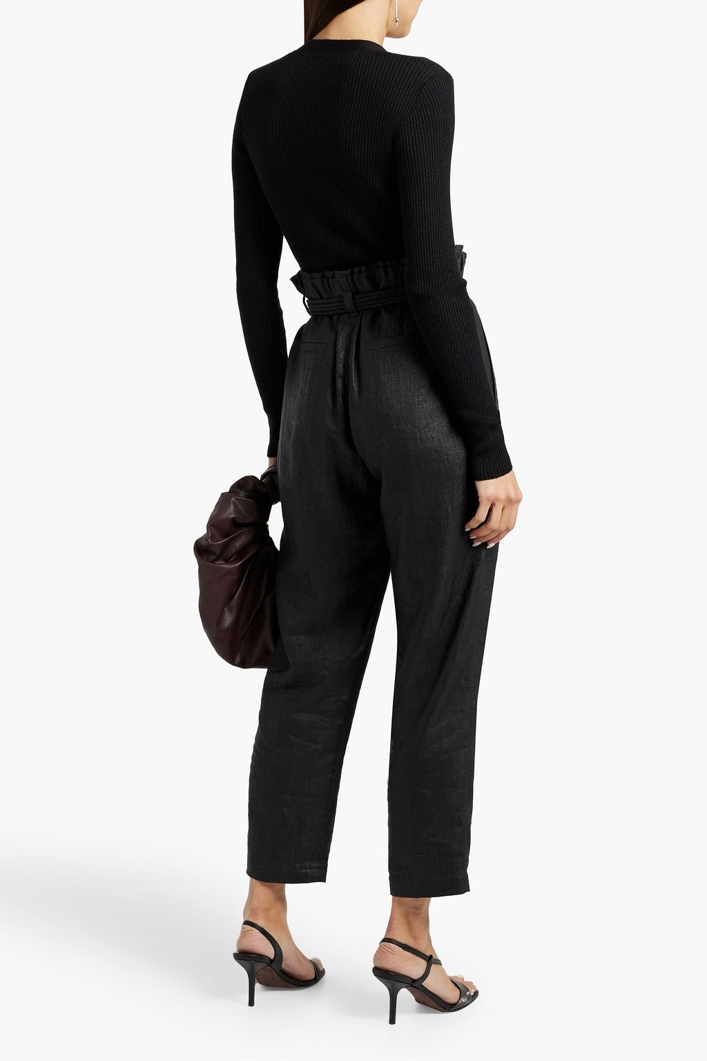 BRUNELLO CUCINELLI Bead-embellished belted linen-blend twill tapered pants