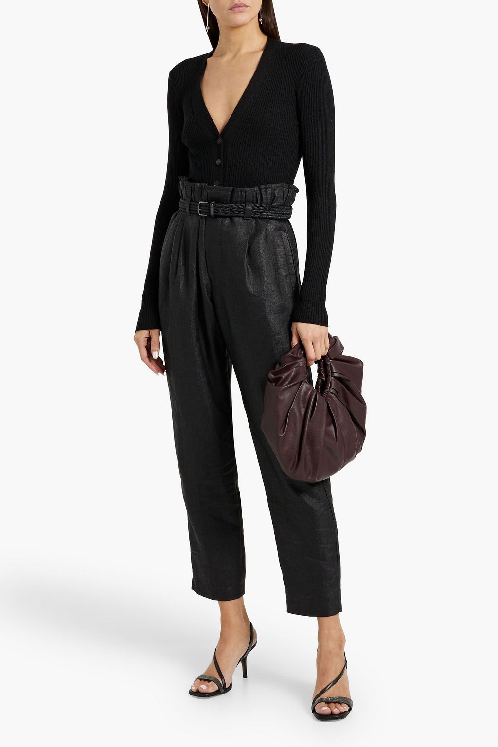 BRUNELLO CUCINELLI Bead-embellished belted linen-blend twill tapered pants