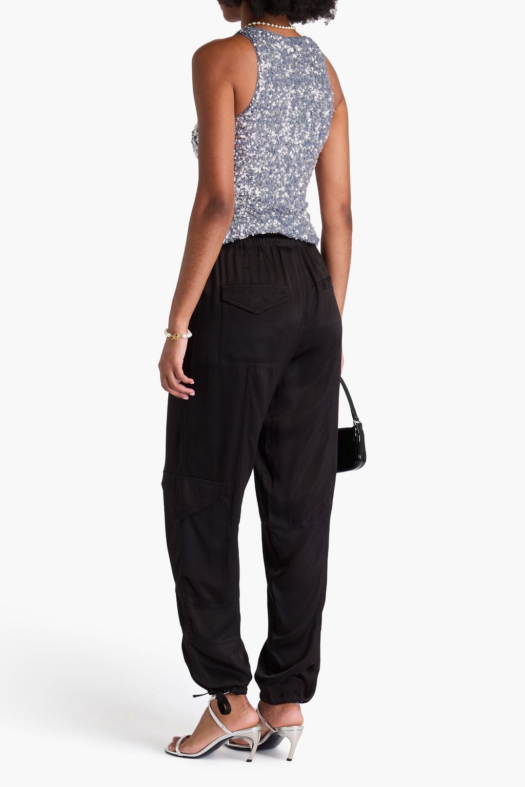 GANNI Bow-detailed sequined mesh top