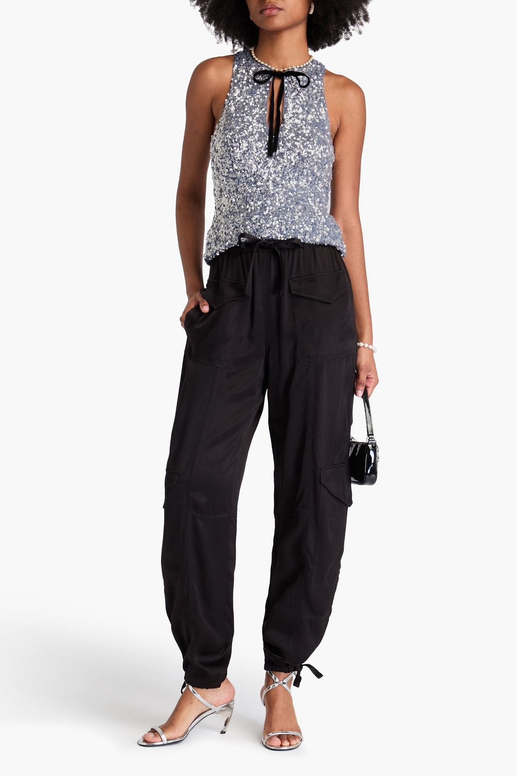 GANNI Bow-detailed sequined mesh top