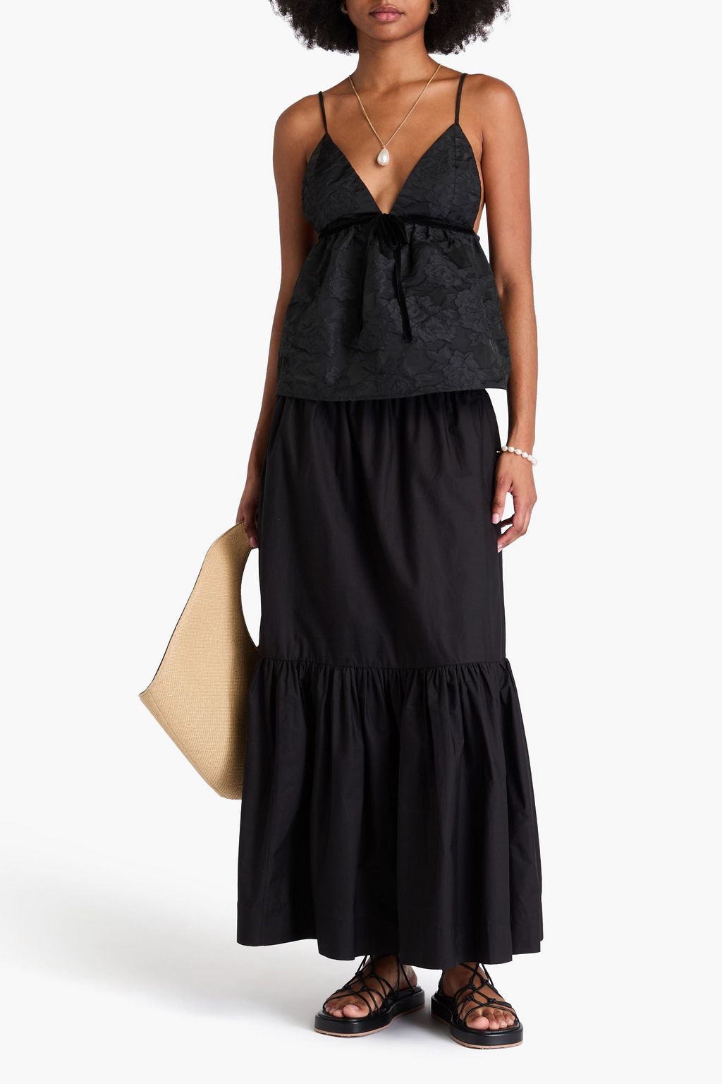 GANNI Bow-detailed floral-jacquard top