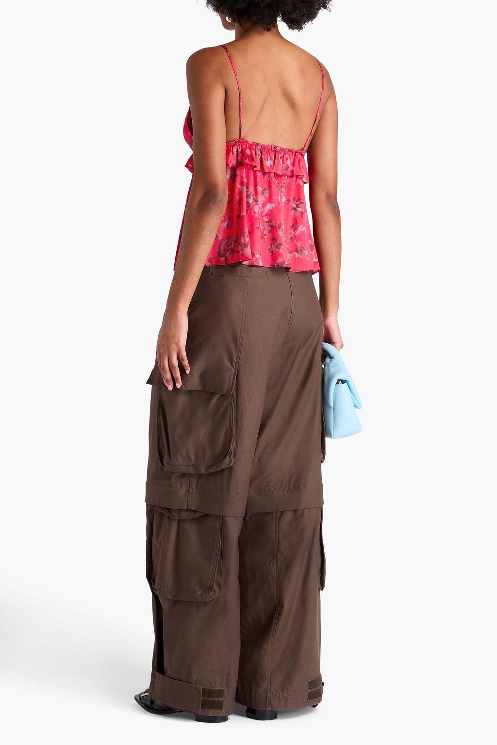 GANNI Bedrucktes Top aus Satin mit Rüschen