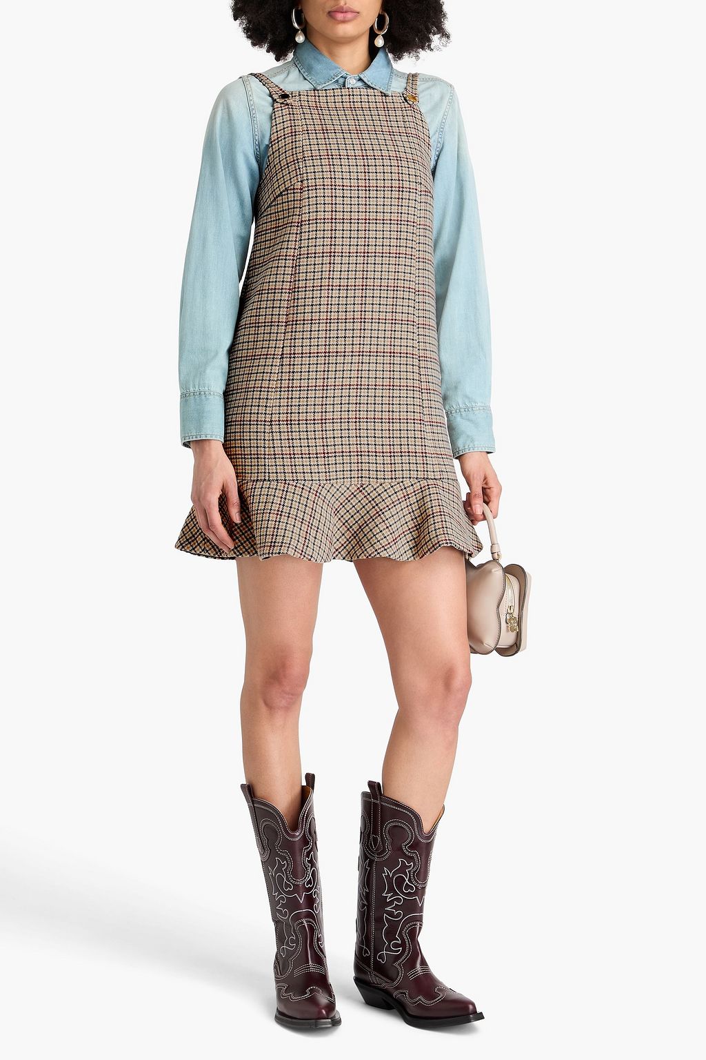 GANNI Checked wool-blend mini dress