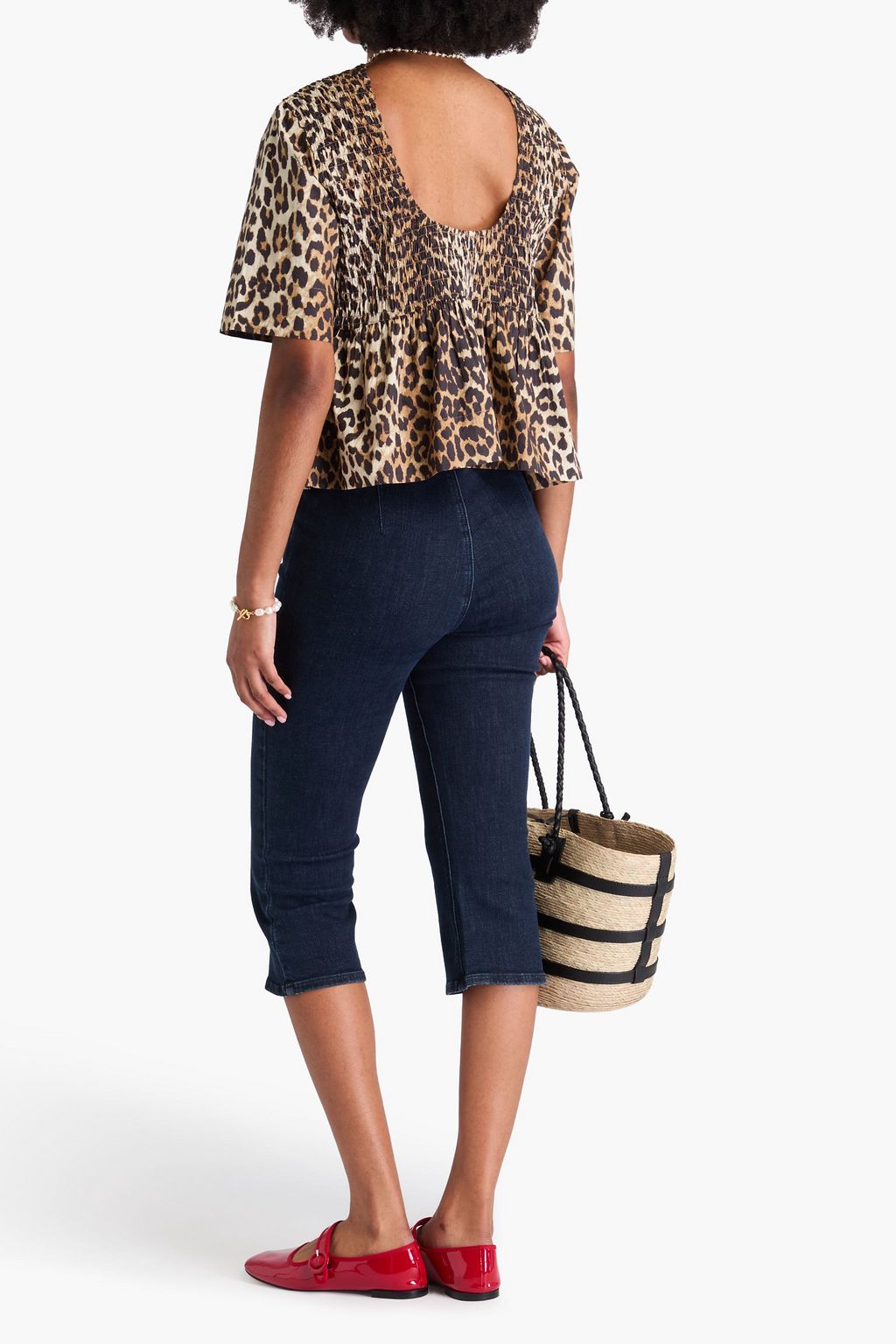 GANNI Oberteil aus Baumwollpopeline mit Schößchen und Leopardenprint