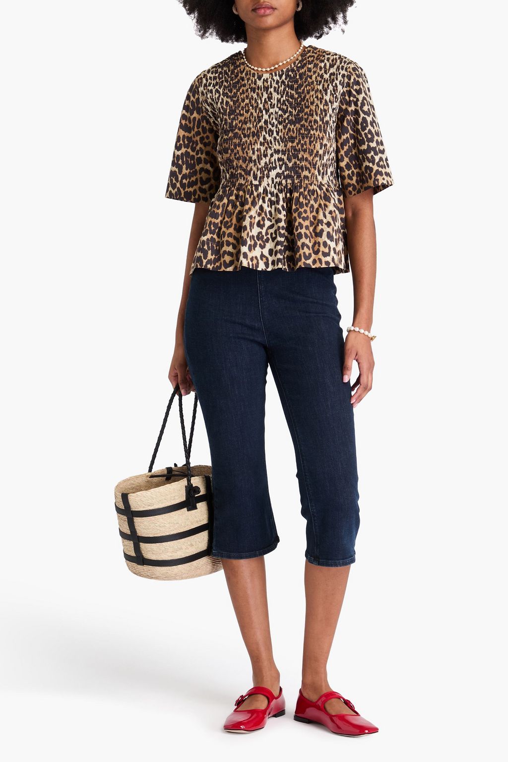 GANNI Oberteil aus Baumwollpopeline mit Schößchen und Leopardenprint
