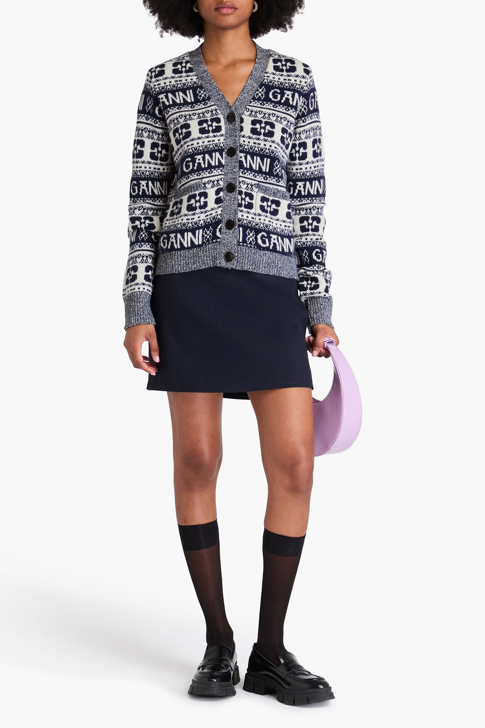 Ganni Jacquard-knit Cardigan In Blue