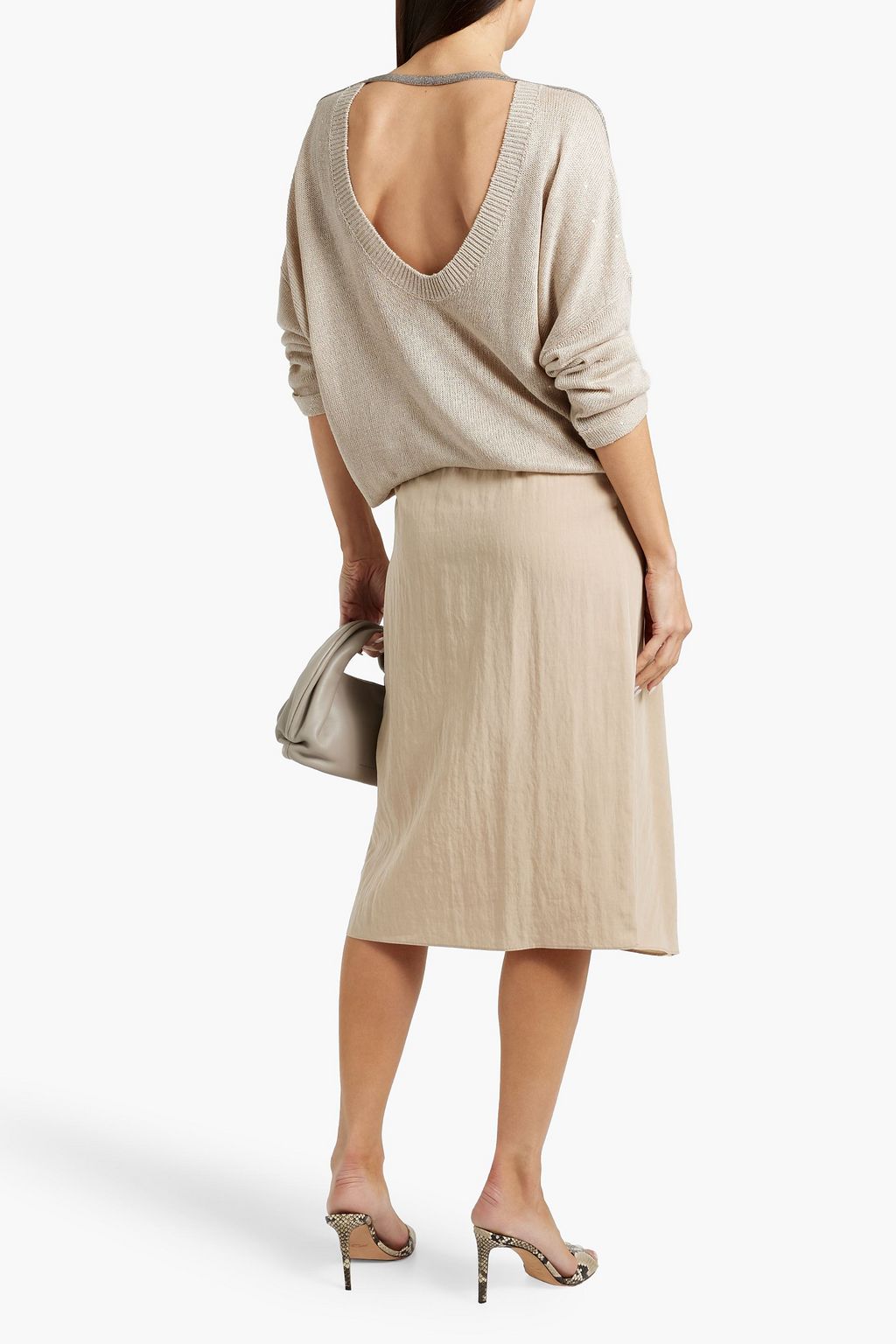 BRUNELLO CUCINELLI Bead-embellished cutout linen and silk-blend sweater