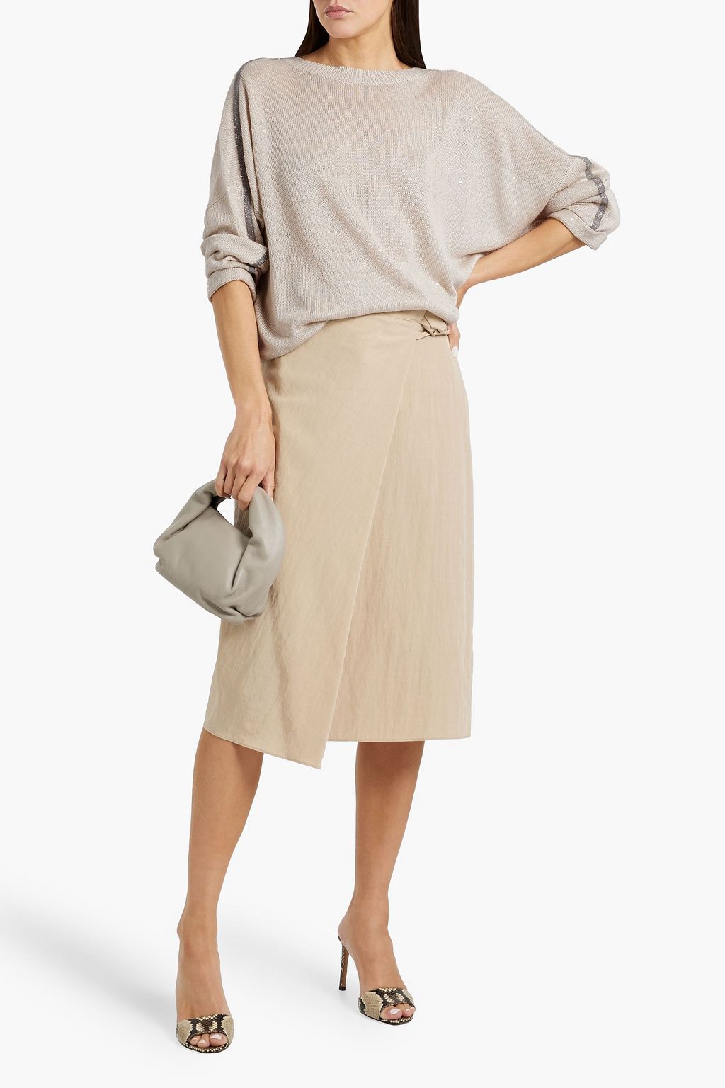 BRUNELLO CUCINELLI Bead-embellished cutout linen and silk-blend sweater