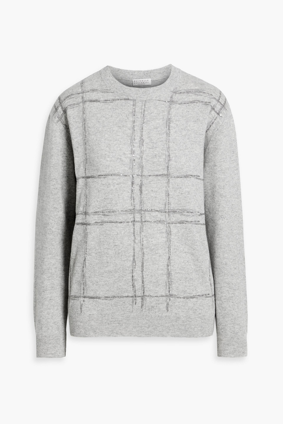 Brunello Cucinelli Embellished Wool, Cashmere And Silk-blend Sweater In Gray