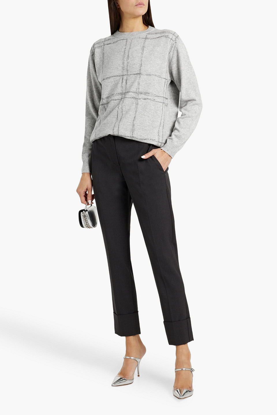 Brunello Cucinelli Embellished Wool, Cashmere And Silk-blend Sweater In Gray