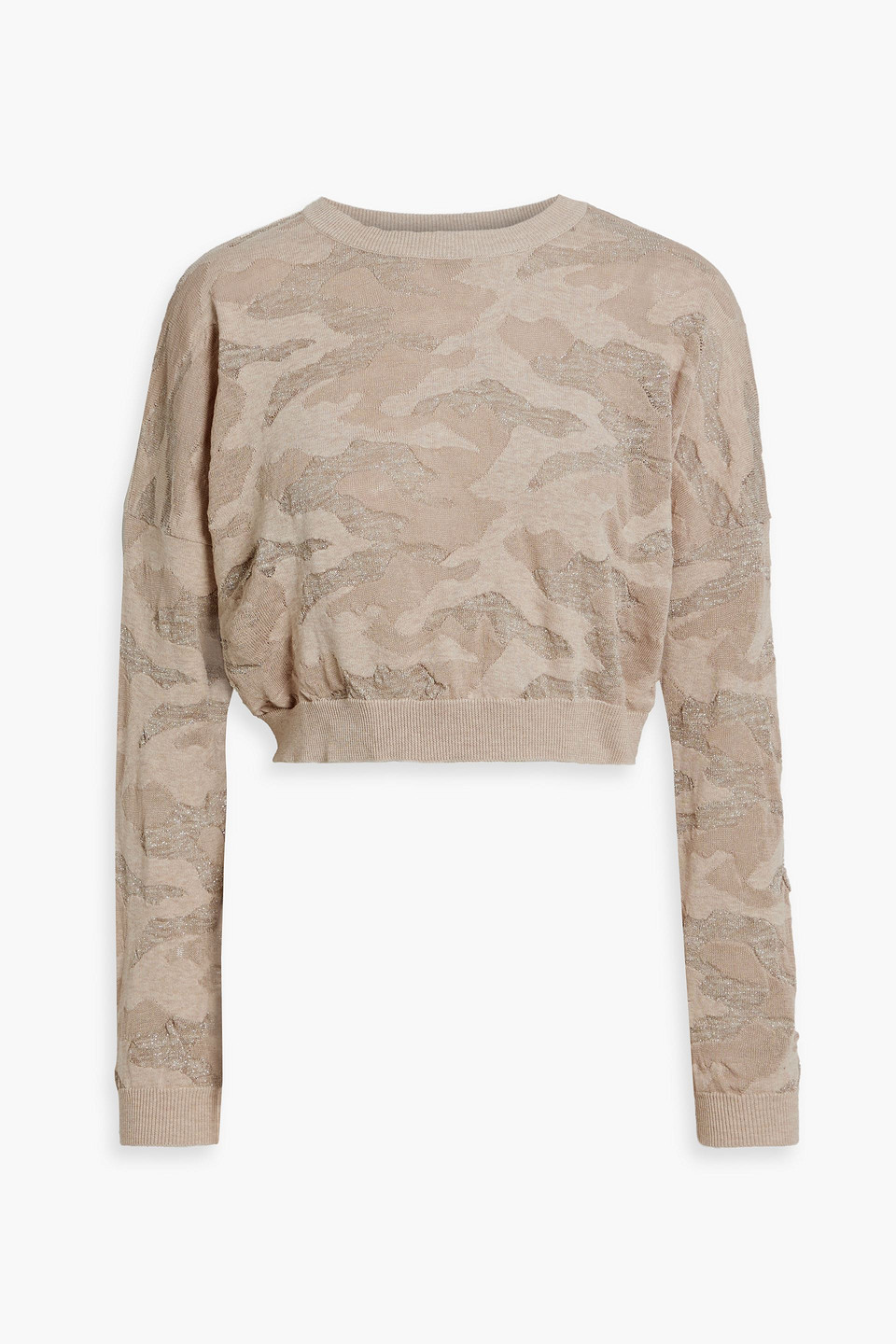 Brunello Cucinelli Cropped Metallic Jacquard-knit Cotton Sweater In Sand
