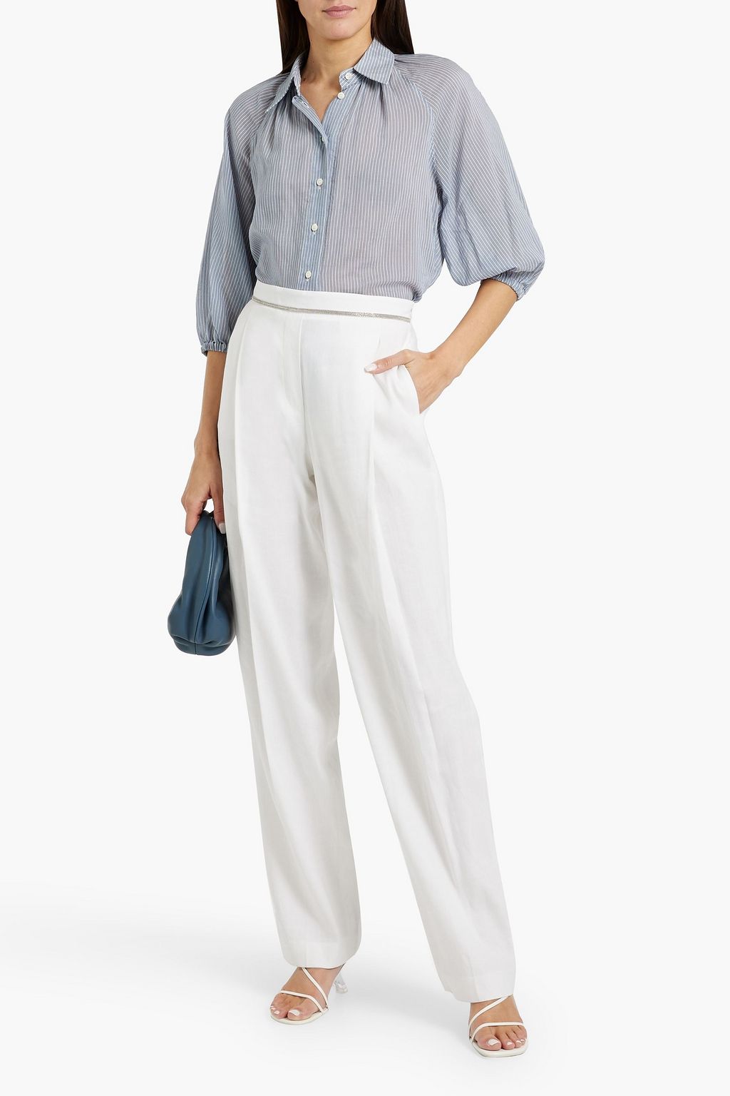 BRUNELLO CUCINELLI Bead-embellished striped cotton and silk-blend shirt