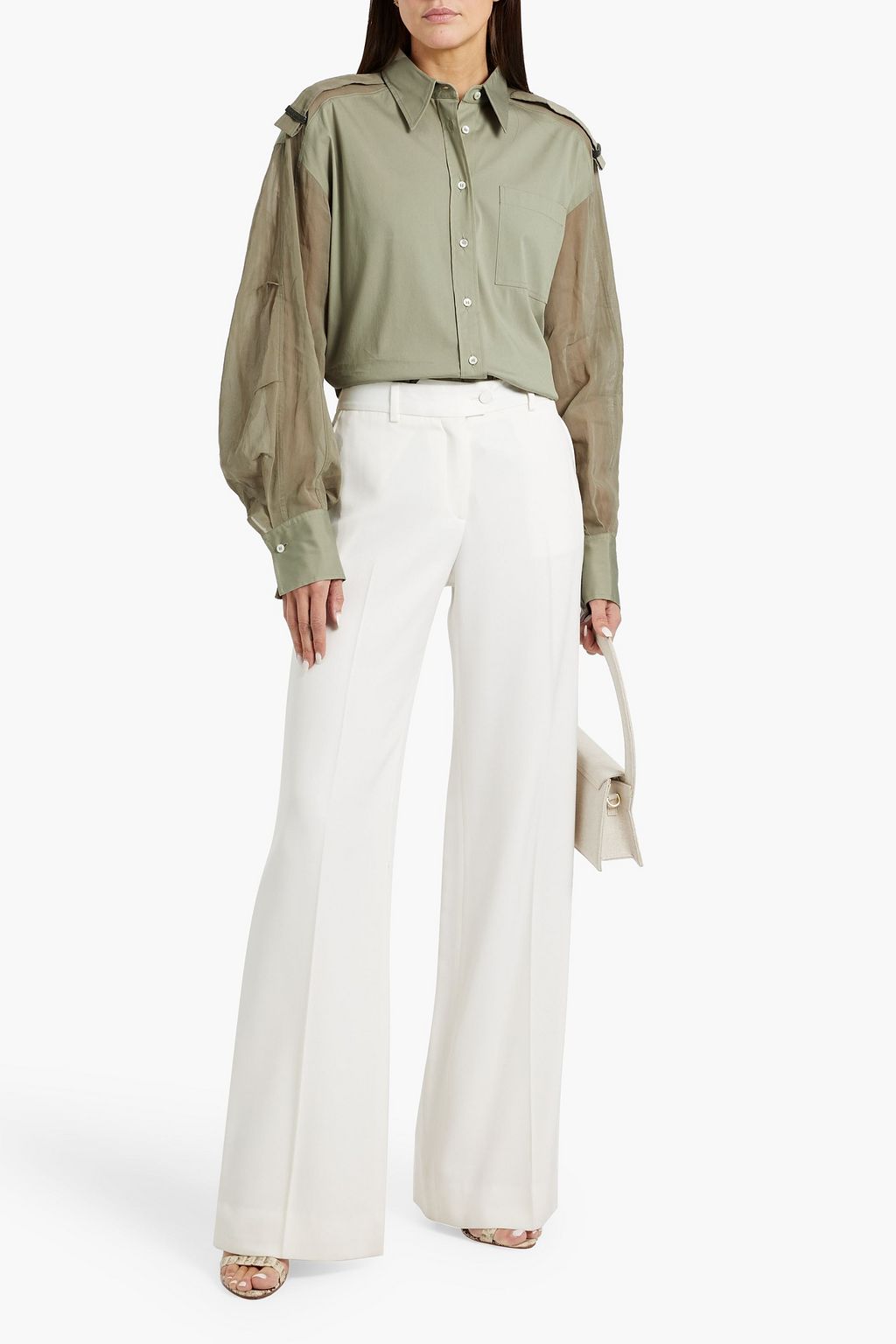 BRUNELLO CUCINELLI Bead-embellished organdie-paneled cotton-blend poplin shirt