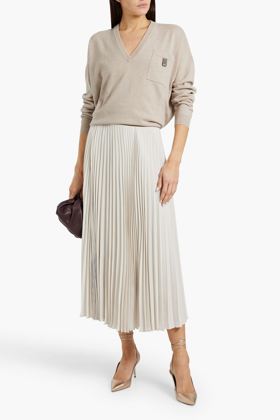 Brunello Cucinelli Bead-embellished Cashmere Sweater In Gray