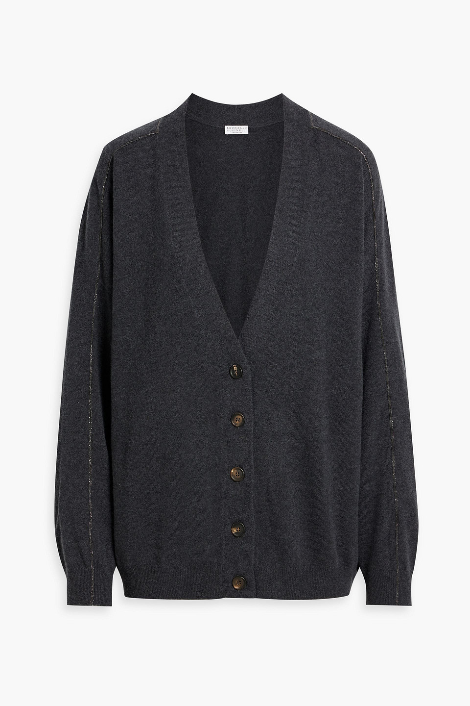 Brunello Cucinelli Bead-embellished Wool, Cashmere And Silk-blend Cardigan In Gray