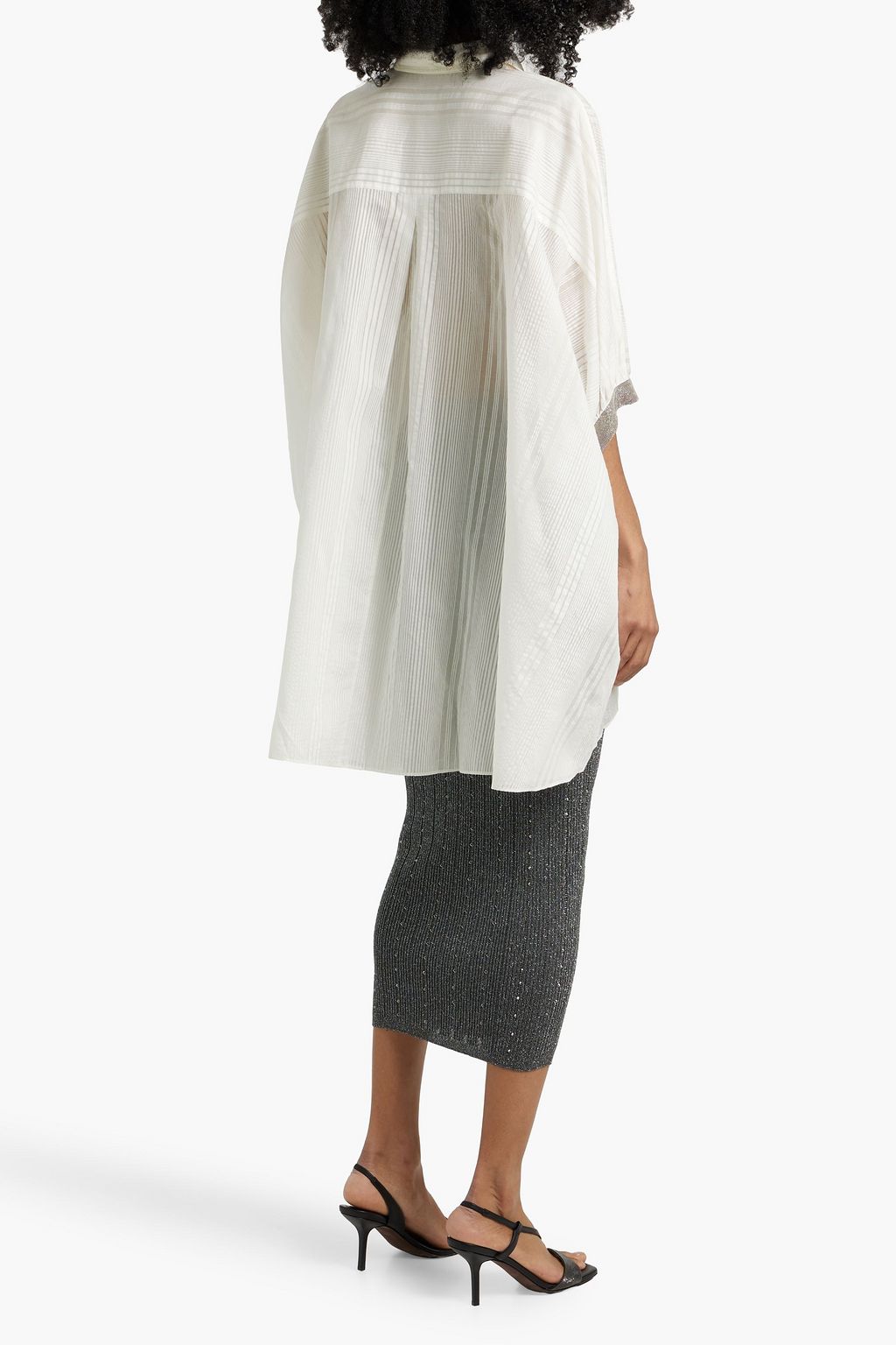 BRUNELLO CUCINELLI Oversized bead-embellished striped cotton and silk-blend voile shirt