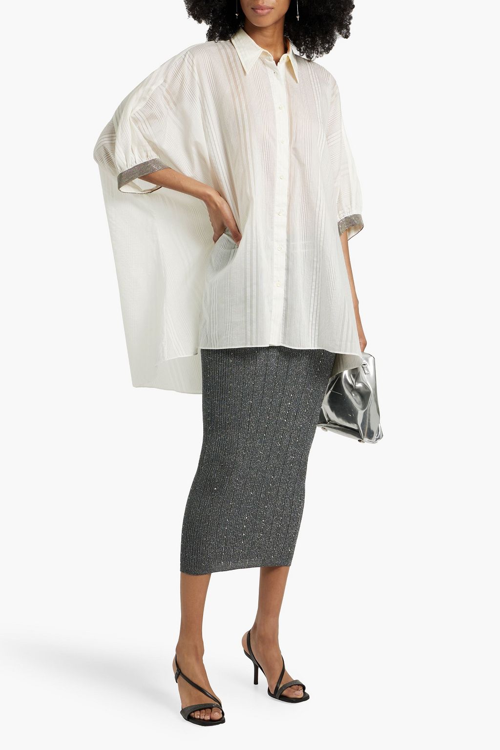 BRUNELLO CUCINELLI Oversized bead-embellished striped cotton and silk-blend voile shirt