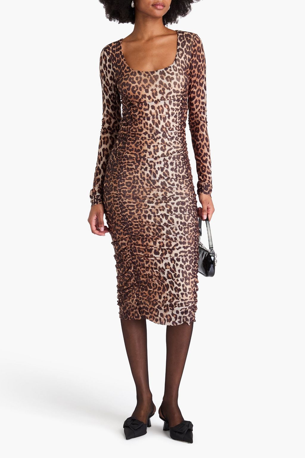 GANNI Ruched leopard-print mesh midi dress